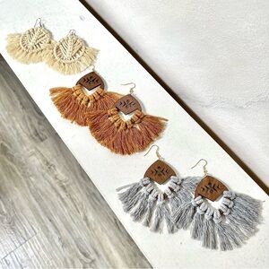 Rustic fringe boho statement earrings w macrame/hippy/cottage core vibe
